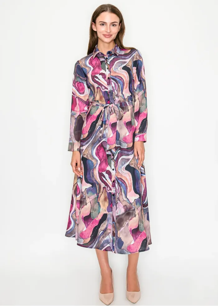 Colorful Abstract Midi Shirt Dress with Belt