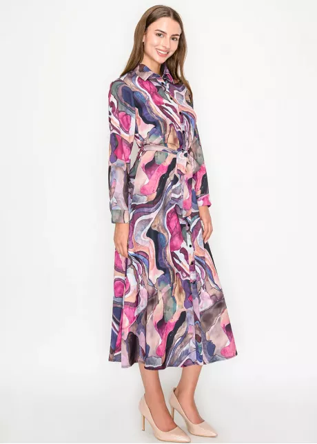 Colorful Abstract Midi Shirt Dress with Belt
