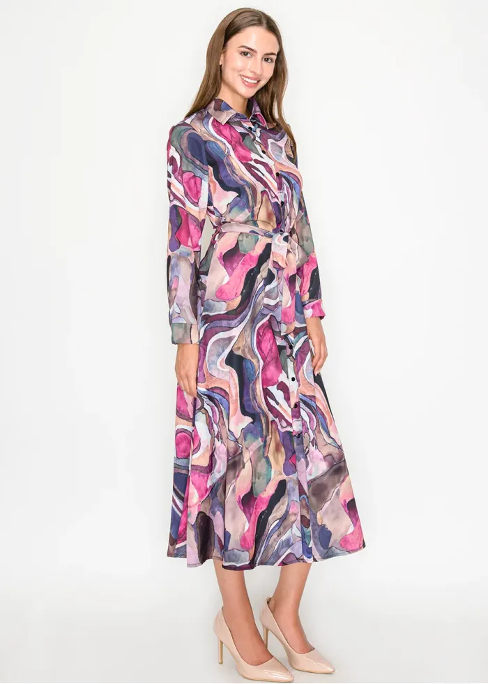 Colorful Abstract Midi Shirt Dress with Belt