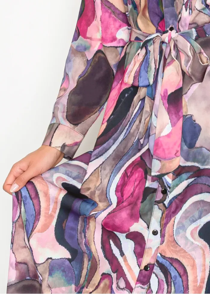 Colorful Abstract Midi Shirt Dress with Belt