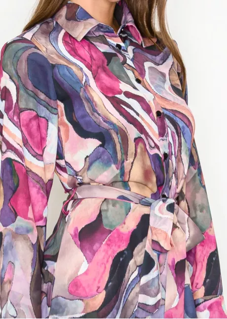 Colorful Abstract Midi Shirt Dress with Belt