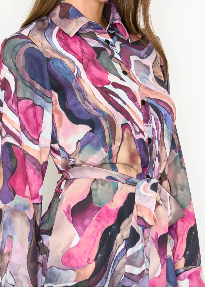Colorful Abstract Midi Shirt Dress with Belt