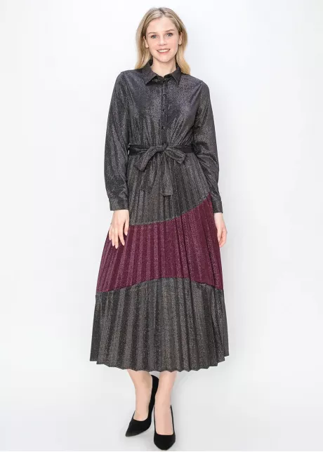 Metallic Pleated Shirt Dress in Burgundy and Black