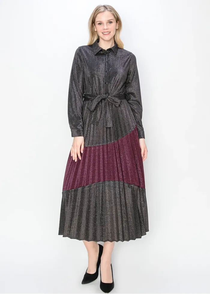 Metallic Pleated Shirt Dress in Burgundy and Black