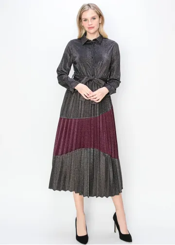 Metallic Pleated Shirt Dress in Burgundy and Black
