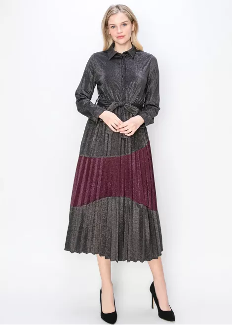 Metallic Pleated Shirt Dress in Burgundy and Black Metallic Pleated Shirt Dress in Burgundy and Black