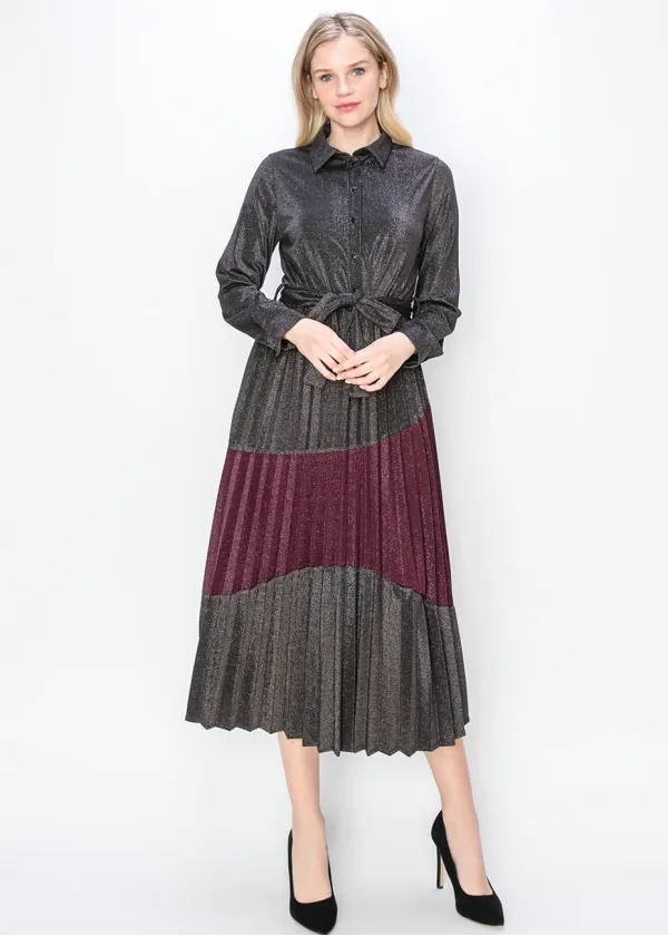 Metallic Pleated Shirt Dress in Burgundy and Black