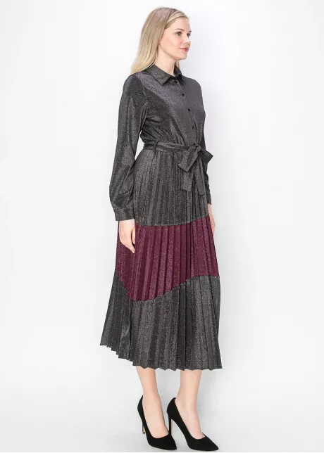 Metallic Pleated Shirt Dress in Burgundy and Black