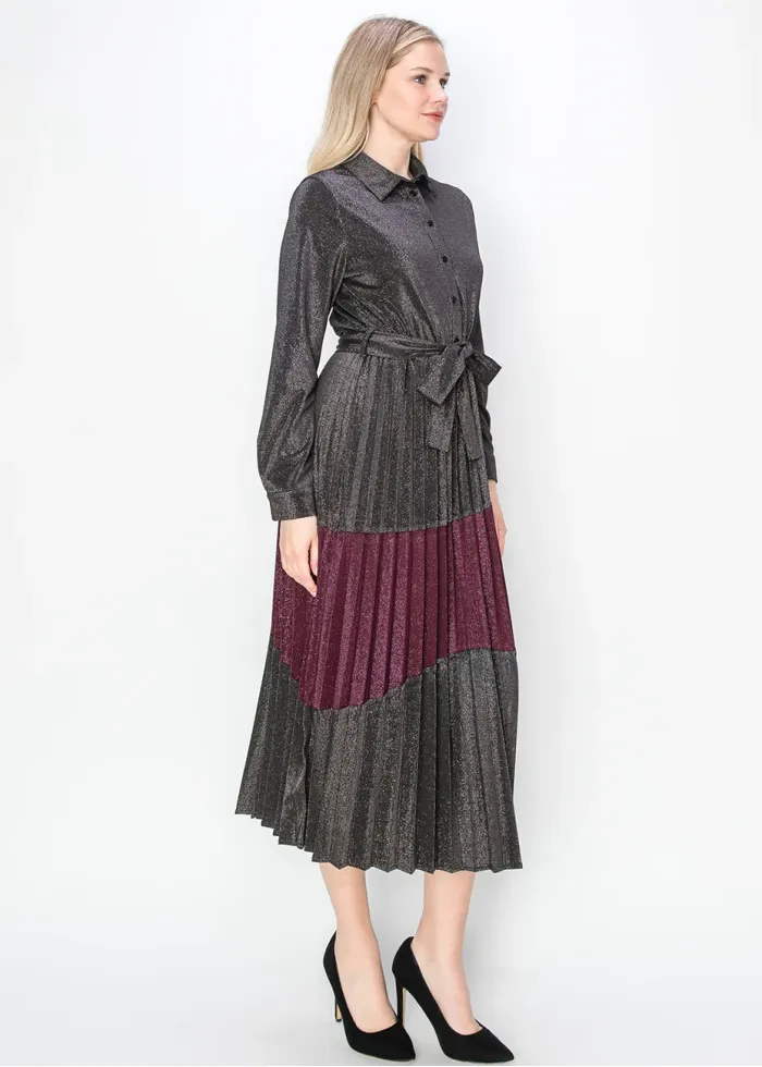 Metallic Pleated Shirt Dress in Burgundy and Black