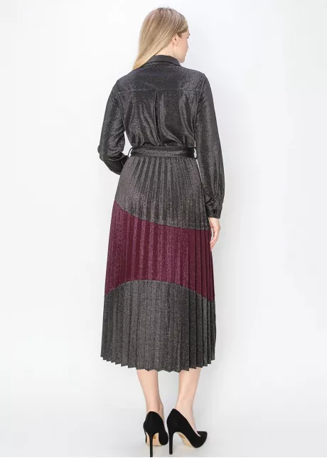 Metallic Pleated Shirt Dress in Burgundy and Black
