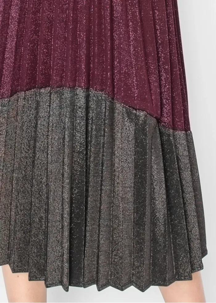 Metallic Pleated Shirt Dress in Burgundy and Black