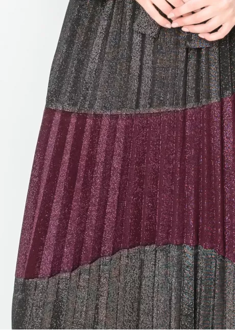 Metallic Pleated Shirt Dress in Burgundy and Black
