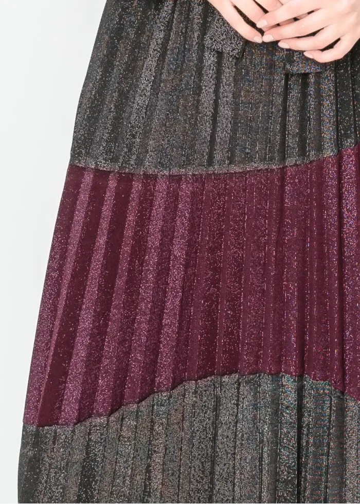 Metallic Pleated Shirt Dress in Burgundy and Black