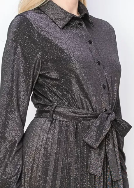 Metallic Pleated Shirt Dress in Burgundy and Black