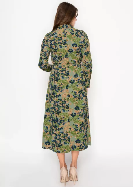 Olive Floral Shirt Dress with Tie Waist