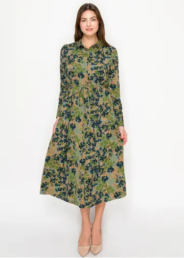 Olive Floral Shirt Dress with Tie Waist