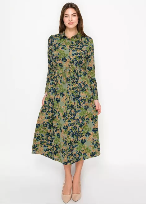 Olive Floral Shirt Dress with Tie Waist Olive Floral Shirt Dress with Tie Waist