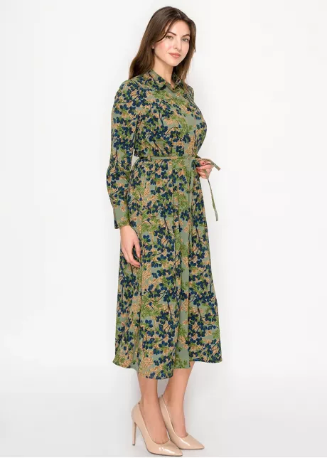 Olive Floral Shirt Dress with Tie Waist