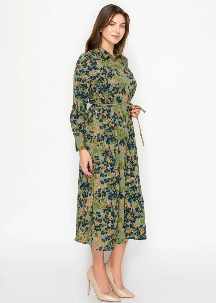 Olive Floral Shirt Dress with Tie Waist