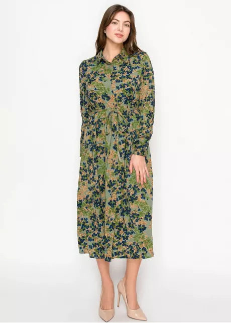 Olive Floral Shirt Dress with Tie Waist