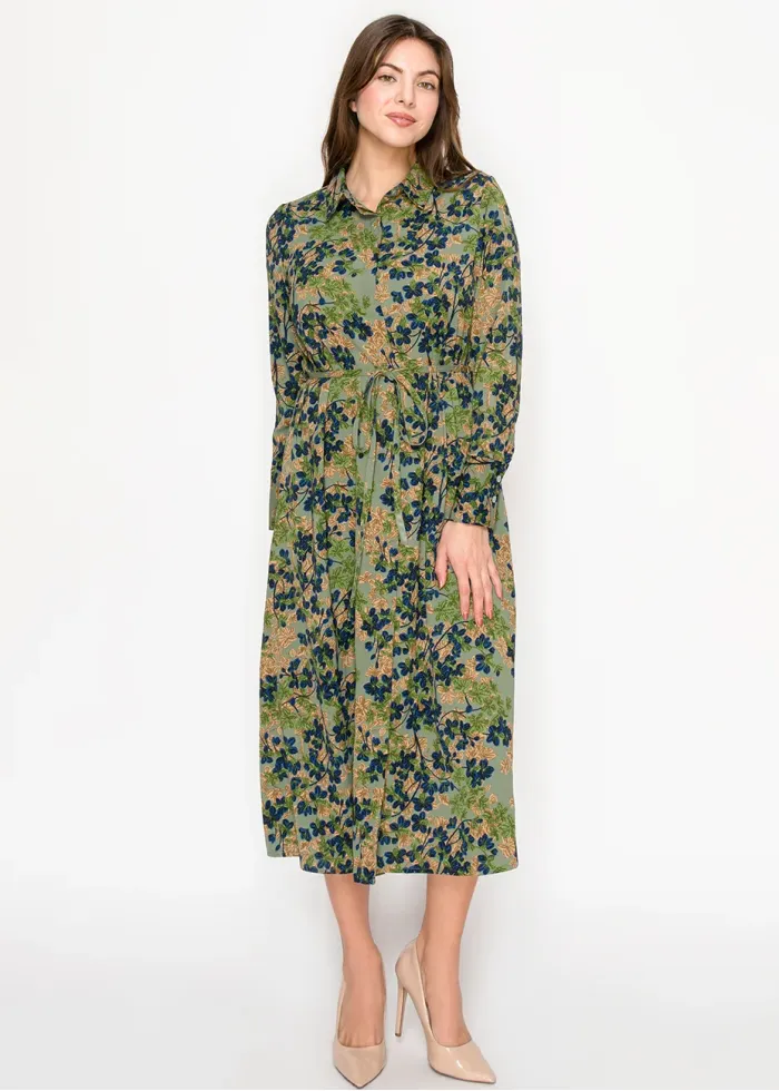 Olive Floral Shirt Dress with Tie Waist