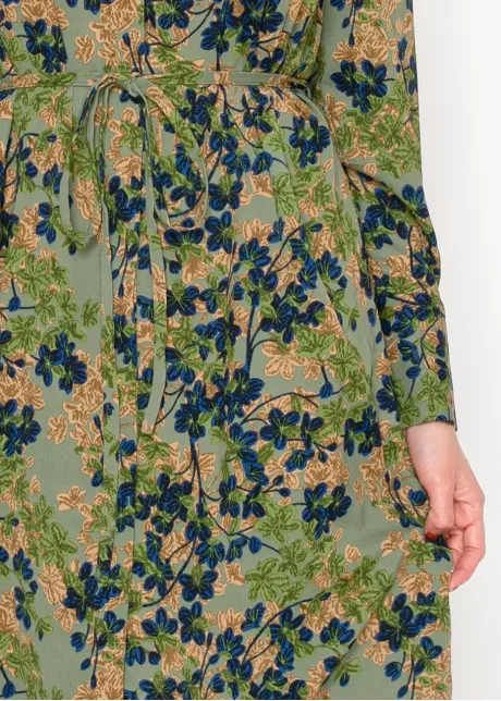 Olive Floral Shirt Dress with Tie Waist