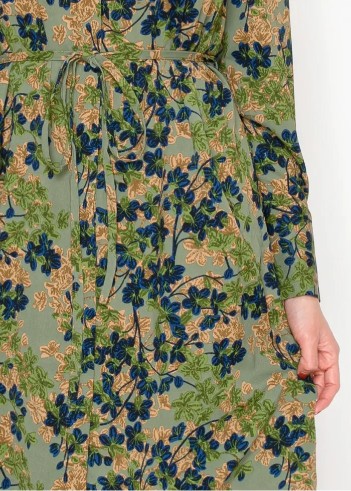 Olive Floral Shirt Dress with Tie Waist