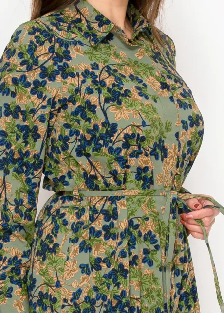 Olive Floral Shirt Dress with Tie Waist