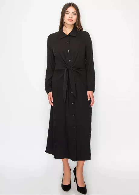 Long Sleeve Collared Black Midi Dress