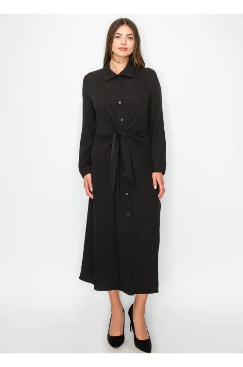 Long Sleeve Collared Black Midi Dress
