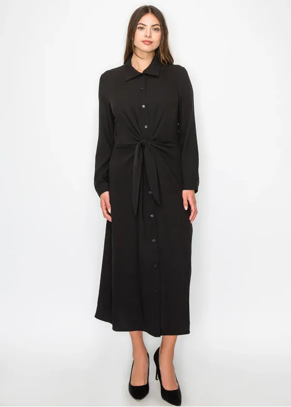 Long Sleeve Collared Black Midi Dress