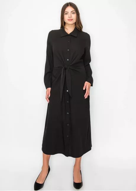 Long Sleeve Collared Black Midi Dress