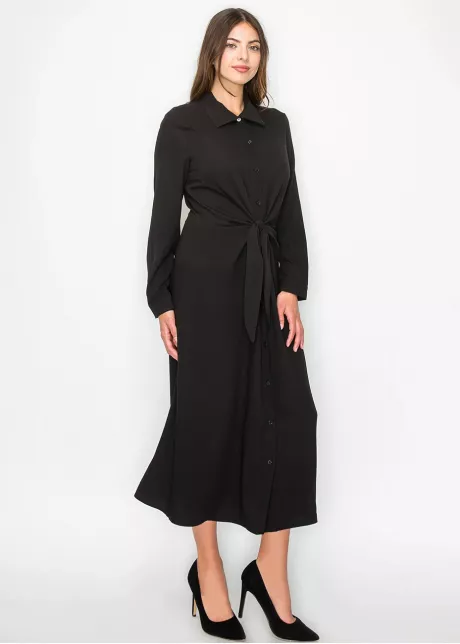 Long Sleeve Collared Black Midi Dress