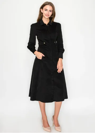 Black corduroy shirt dress with long sleeves