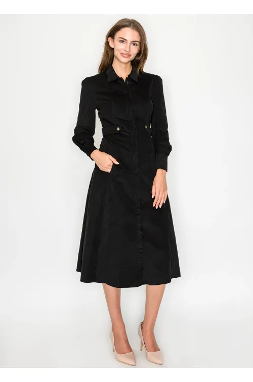 Black corduroy shirt dress with long sleeves