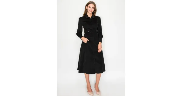 Black corduroy shirt dress with long sleeves | Modest Women Clothing - YAL  New York