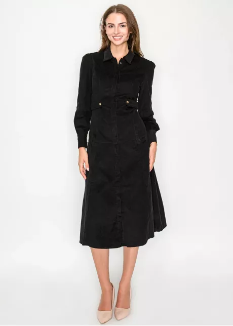 Black corduroy shirt dress with long sleeves