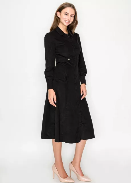 Black corduroy shirt dress with long sleeves