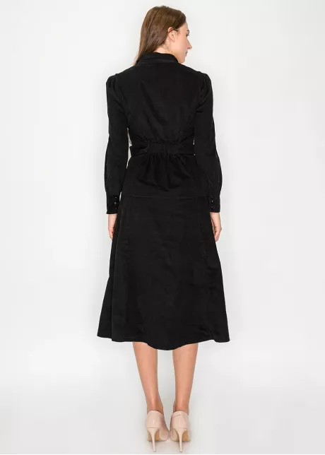 Black corduroy shirt dress with long sleeves