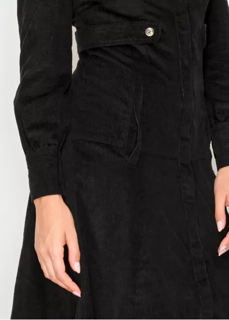 Black corduroy shirt dress with long sleeves