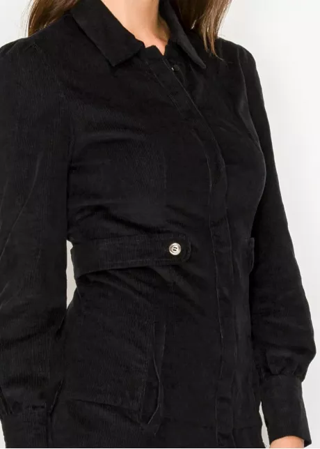 Black corduroy shirt dress with long sleeves