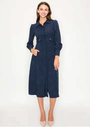 Navy corduroy shirt dress with button details