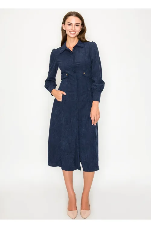 Navy corduroy shirt dress with button details
