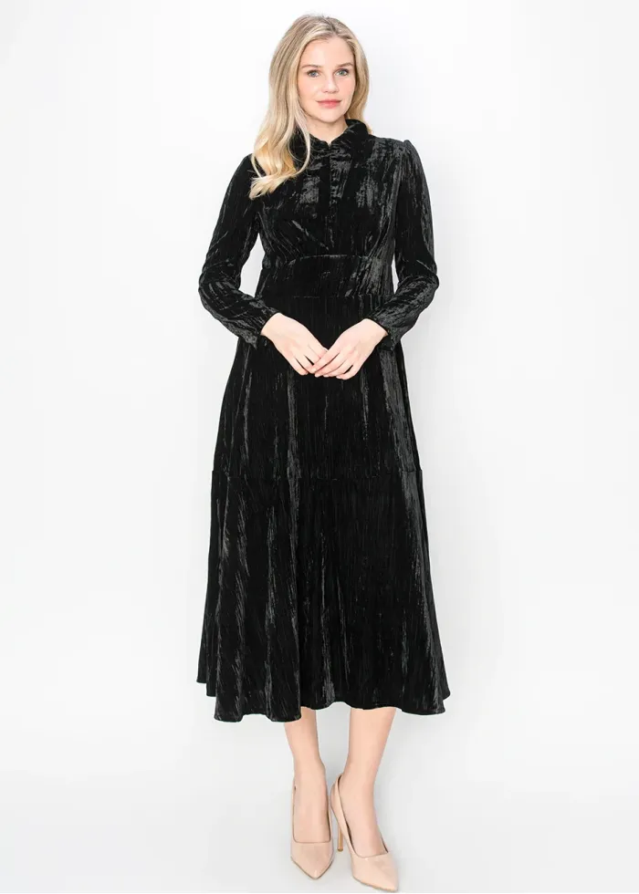 Black Velvet Collared Midi Dress