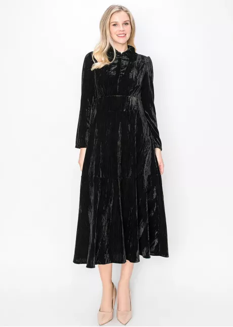 Black Velvet Collared Midi Dress
