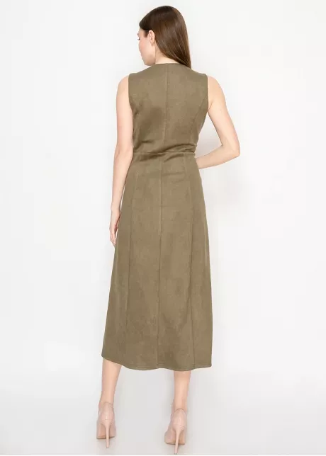 Olive Sleeveless Midi Dress with Pockets