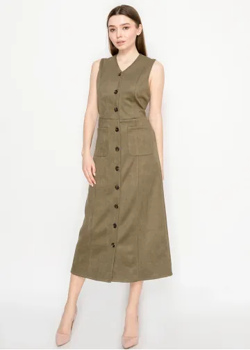 Olive Sleeveless Midi Dress with Pockets