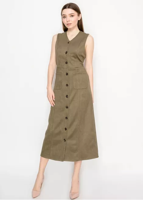 Olive Sleeveless Midi Dress with Pockets Olive Sleeveless Midi Dress with Pockets