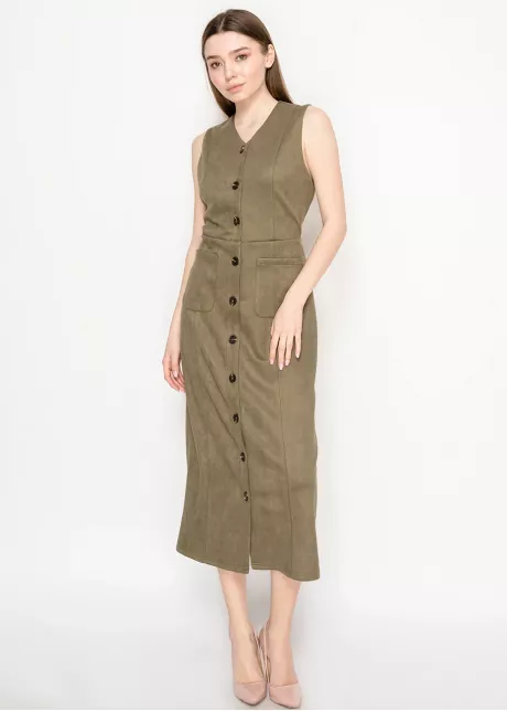 Olive Sleeveless Midi Dress with Pockets