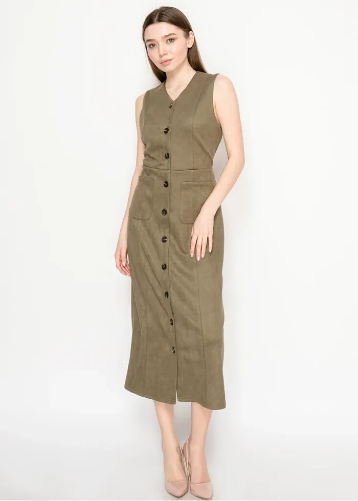 Olive Sleeveless Midi Dress with Pockets